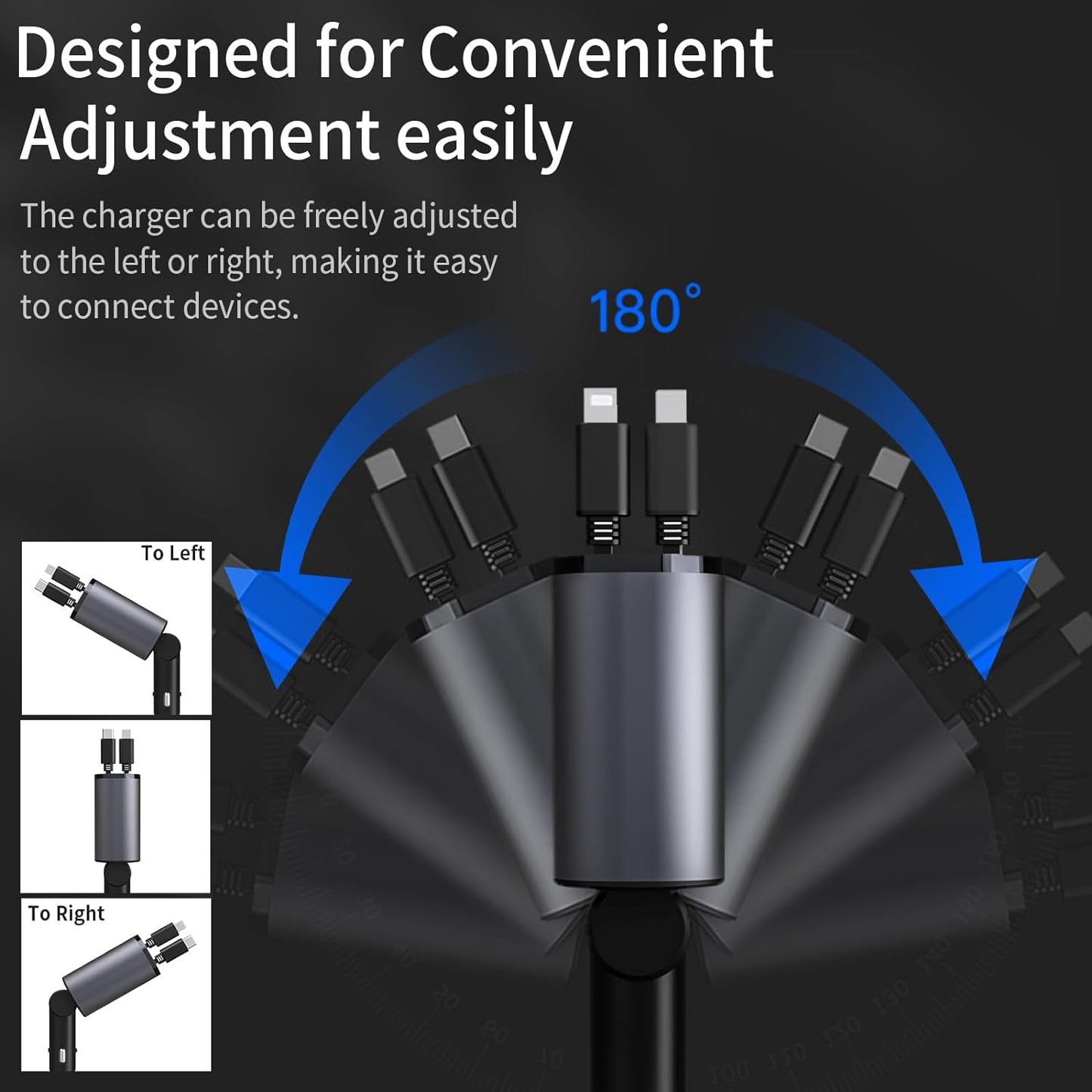 Retractable Car Charger, 4 in 1 Fast Car Phone Charger 60W, Retractable Cables and USB Car Charger,Compatible with iPhone 15/14/13/12/11,Galaxy,Pixel