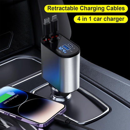 Retractable Car Charger, 4 in 1 Fast Car Phone Charger 60W, Retractable Cables and USB Car Charger,Compatible with iPhone 15/14/13/12/11,Galaxy,Pixel