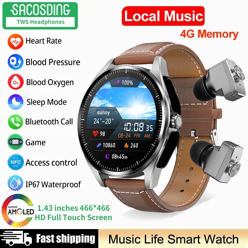 Luxury 2 in 1 Smart Watch 4G Memory Local Music Bluetooth Call NFC Access Control AMOLED 466*466 Smart Watch For Men Women 2023